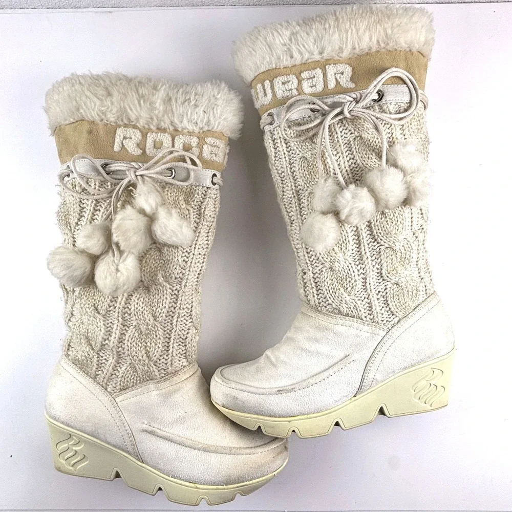 Vtg Rocawear Nadina Wedge Winter Boots Womens 7 Cream Cable Knit Faux Fur Y2K